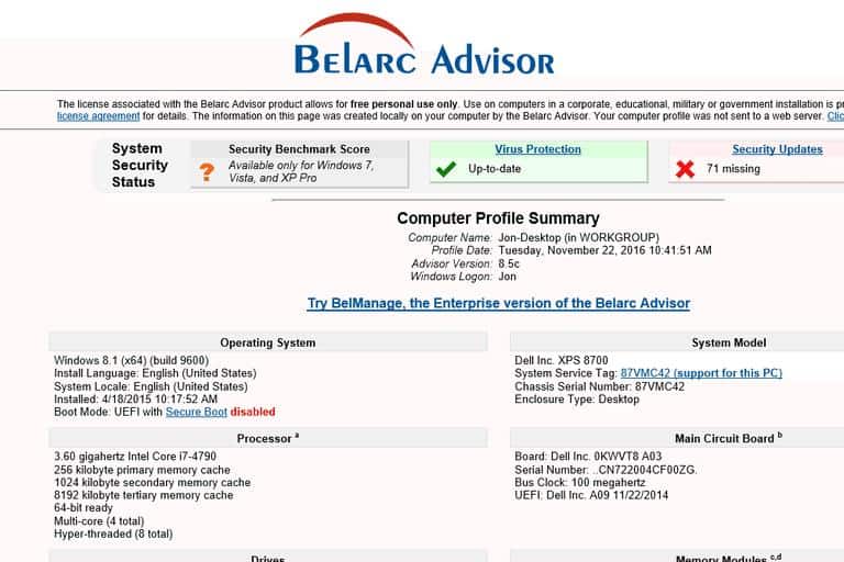 Phần mềm Belarc Advisor