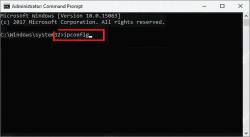 Bước 2: Cửa sổ Command Prompt hiện ra nhập lệnh ipconfig nhấn Enter